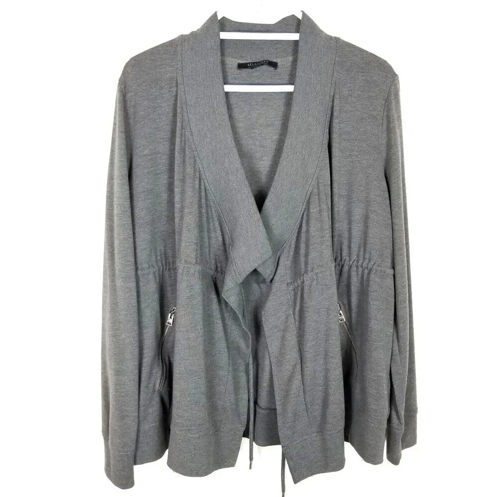 All Saints Womens‎ Gina Drape Jacket Sz 8 Grey Marl Soft Jersey Designer Open